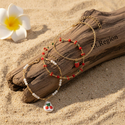 Enamel & Pearl Goldtone Strawberry Cherry Charm Tassel Anklet Set - Street Region