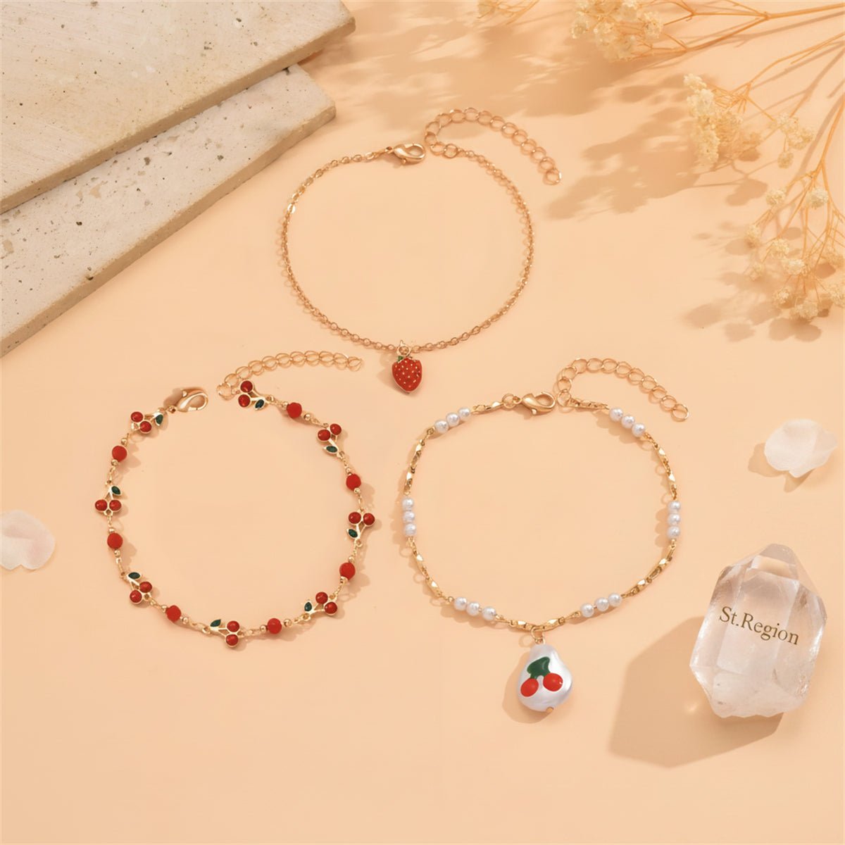Enamel & Pearl Goldtone Strawberry Cherry Charm Tassel Anklet Set - Street Region