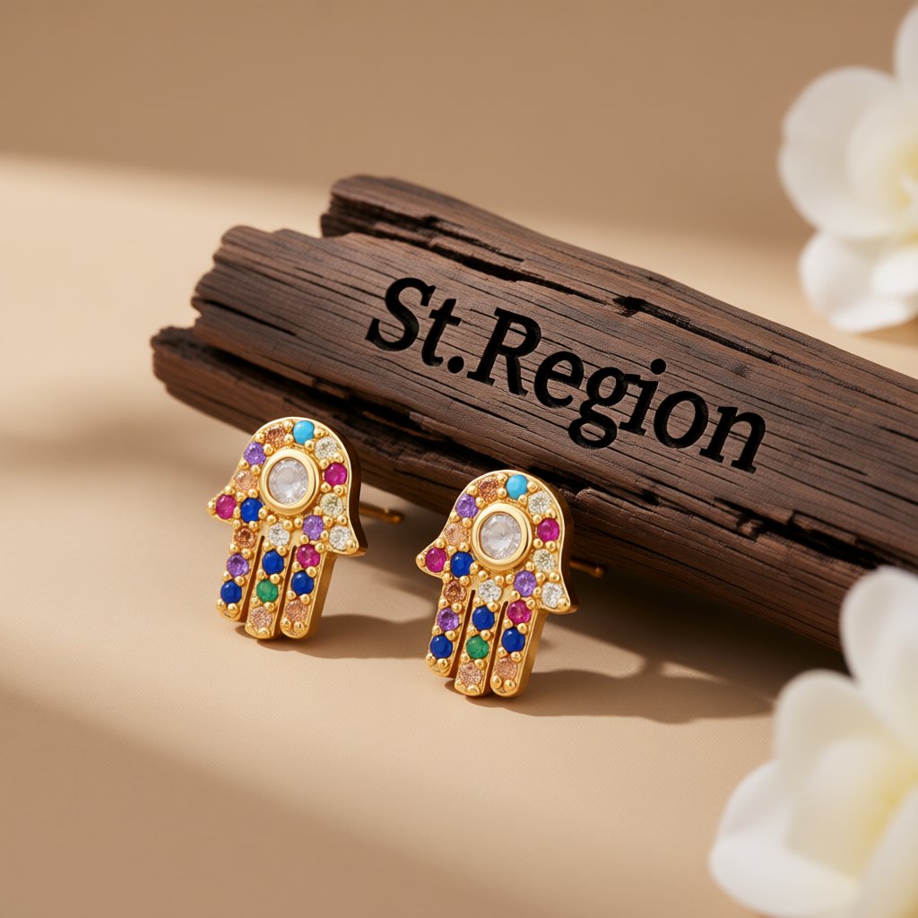 Rainbow Cubic Zirconia Hamsa Stud Earrings, cubic zirconia stud earrings for women, everyday style, front view