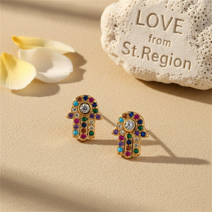 Rainbow Cubic Zirconia Hamsa Stud Earrings, cubic zirconia stud earrings for women, everyday style, lifestyle look