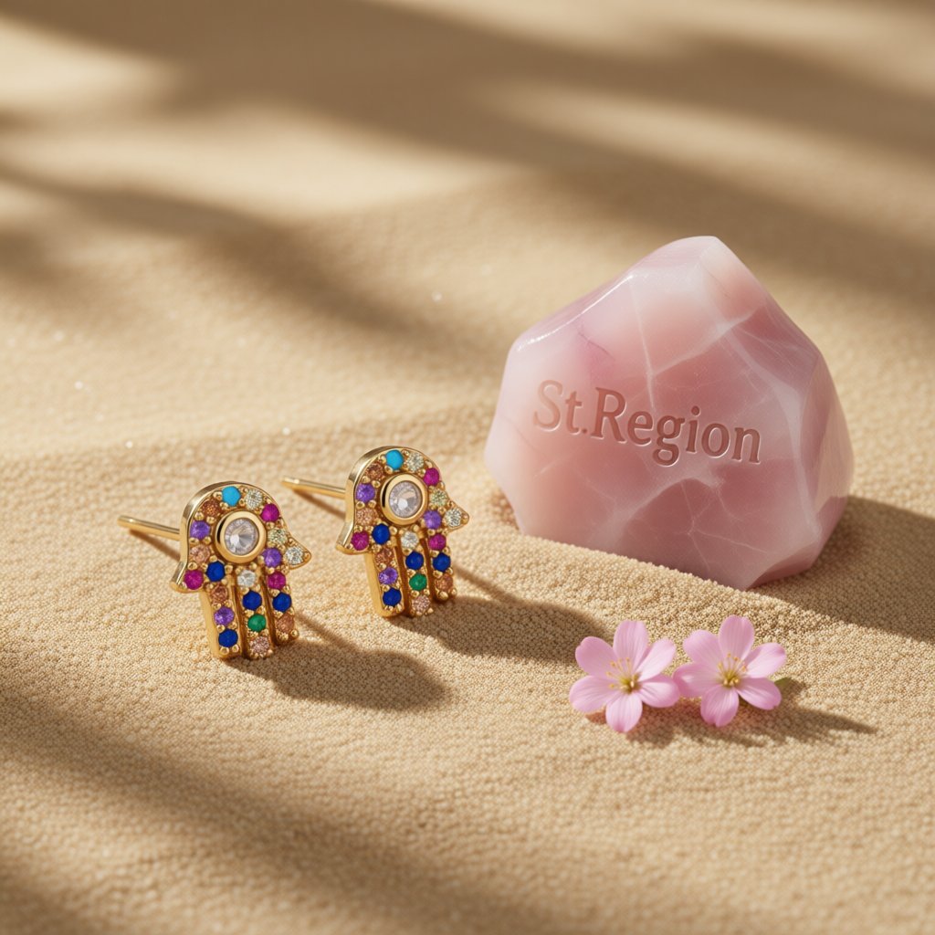 Rainbow Cubic Zirconia Hamsa Stud Earrings, cubic zirconia stud earrings for women, everyday style, detail close-up