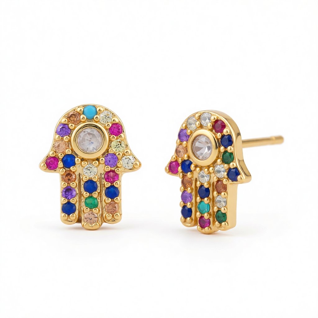 Rainbow Cubic Zirconia Hamsa Stud Earrings, cubic zirconia stud earrings for women, everyday style, side view