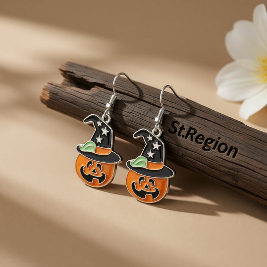 Enamel Pumpkin and Starry Hat Drop Earrings, drop earrings for women, elegant gift for her, front view