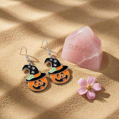 Enamel Pumpkin and Starry Hat Drop Earrings, drop earrings for women, elegant gift for her, detail close-up