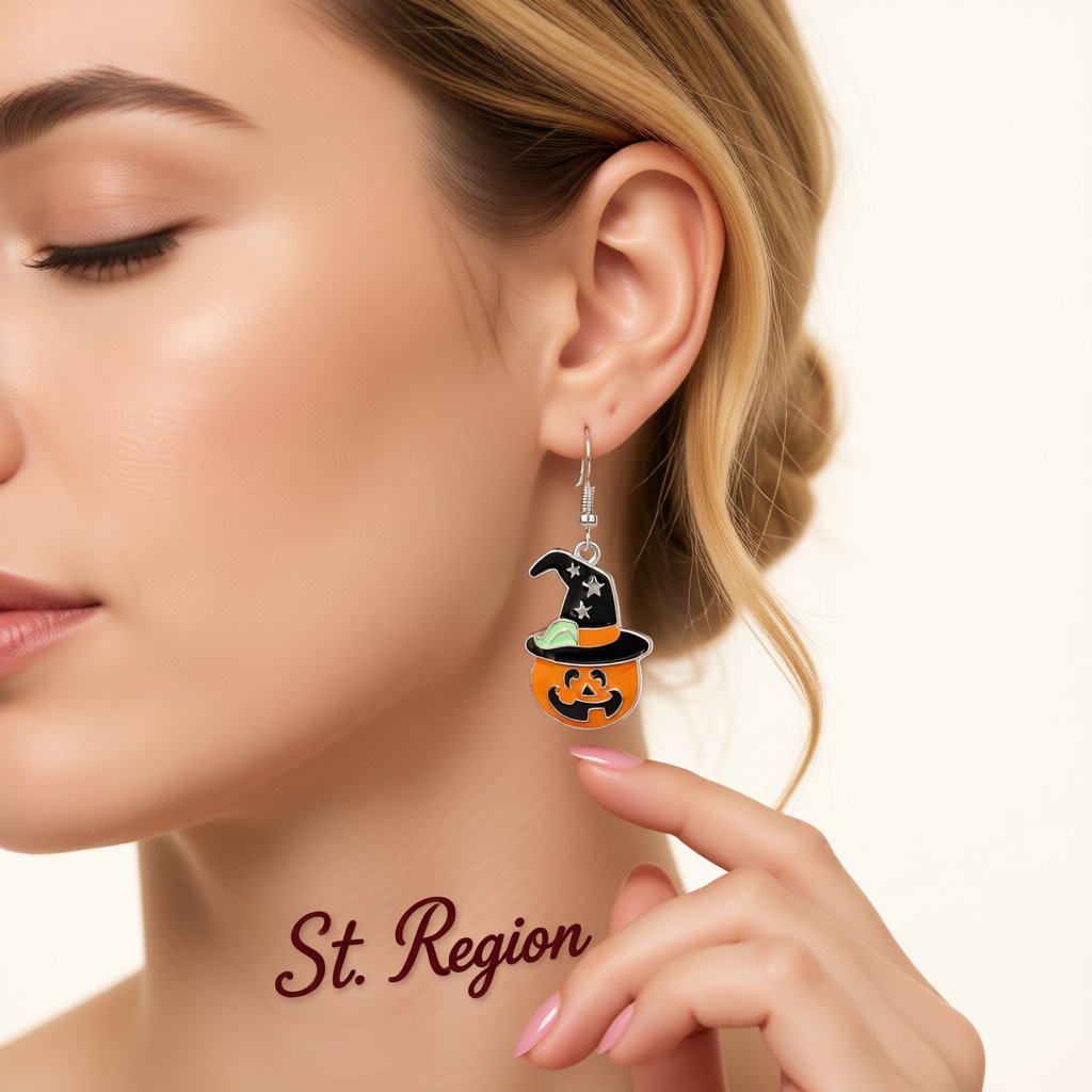 Enamel Pumpkin and Starry Hat Drop Earrings, drop earrings for women, elegant gift for her, styled look