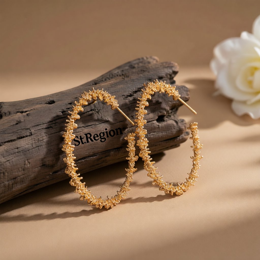 18K Gold-Plated Barbed Hoop Earrings, gold hoop earrings for women, everyday style, front view