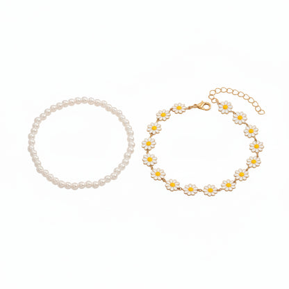Pearl & White Enamel Goldtone Mum Stations Anklet Set - Street Region