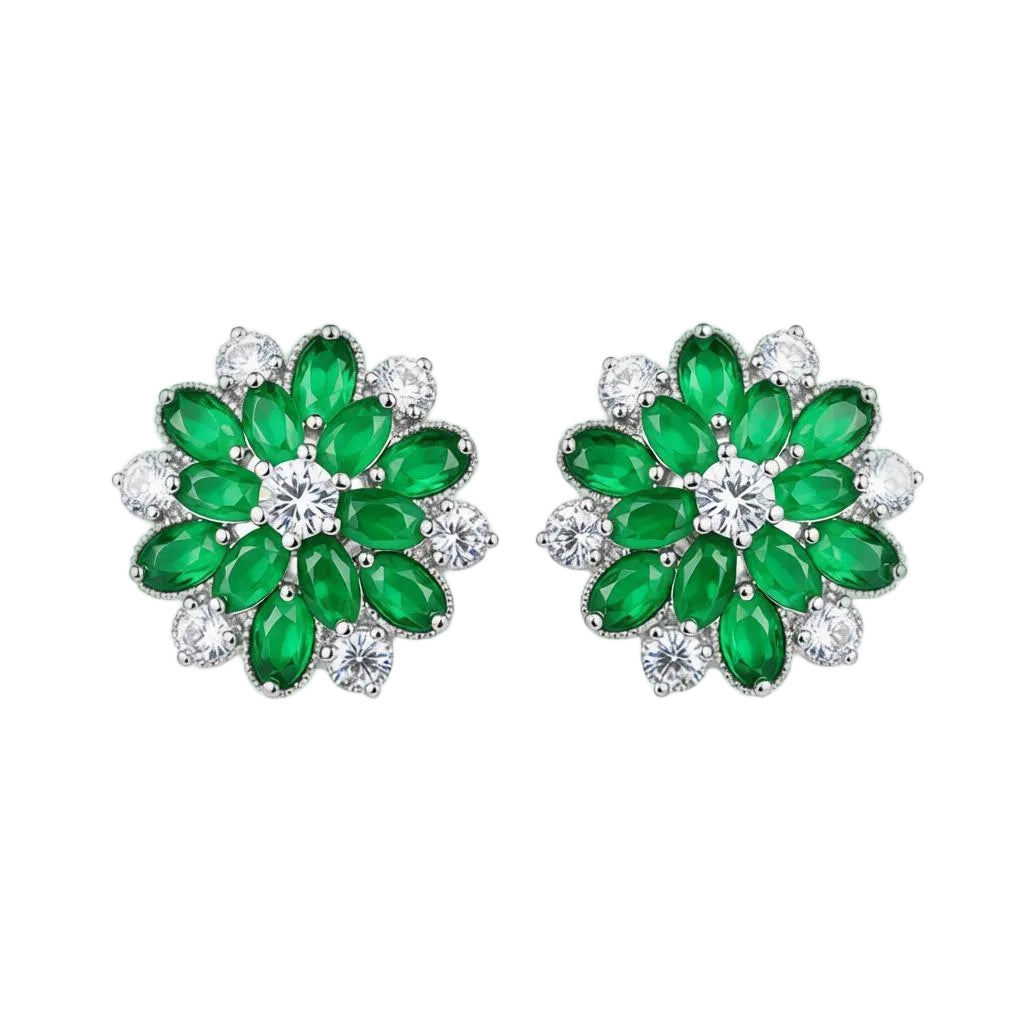 Green Crystal & Cubic Zirconia Floral Stud Earring - Street Region