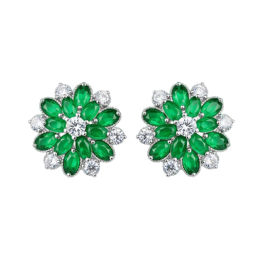 Green Crystal & Cubic Zirconia Floral Stud Earring - Street Region