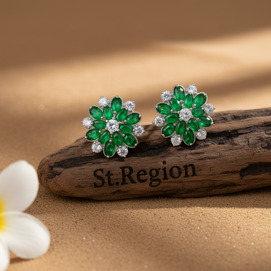 Green Crystal & Cubic Zirconia Floral Stud Earring - Street Region