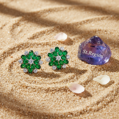 Green Crystal & Cubic Zirconia Floral Stud Earring - Street Region