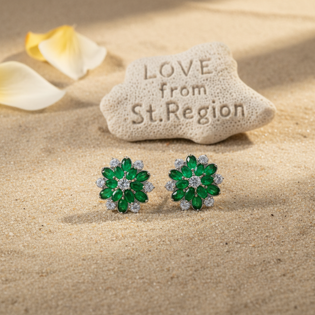 Green Crystal & Cubic Zirconia Floral Stud Earring - Street Region