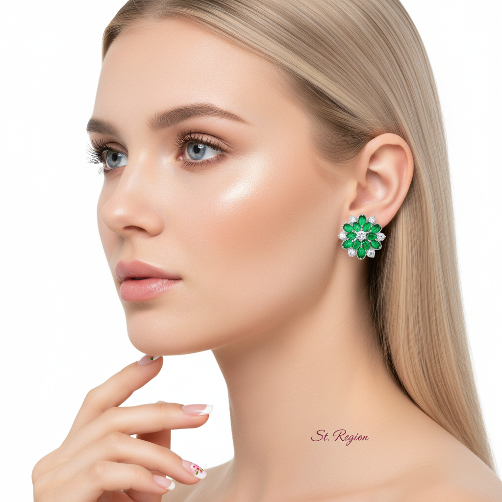Green Crystal & Cubic Zirconia Floral Stud Earring - Street Region