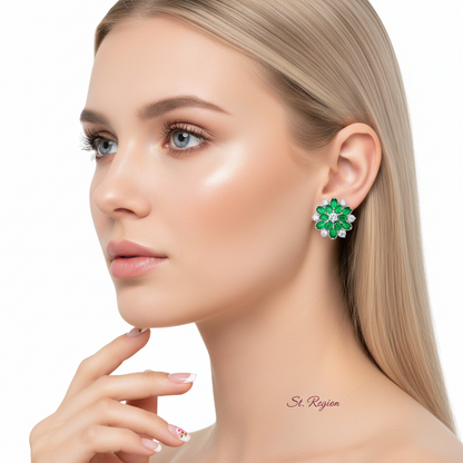Green Crystal & Cubic Zirconia Floral Stud Earring - Street Region