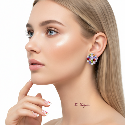Green Crystal & Cubic Zirconia Floral Stud Earring - Street Region