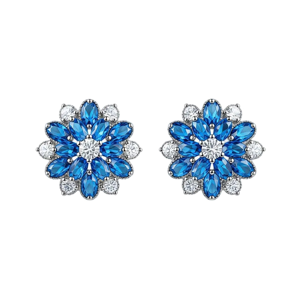 Navy Crystal & Cubic Zirconia Floral Stud Earrings - Street Region