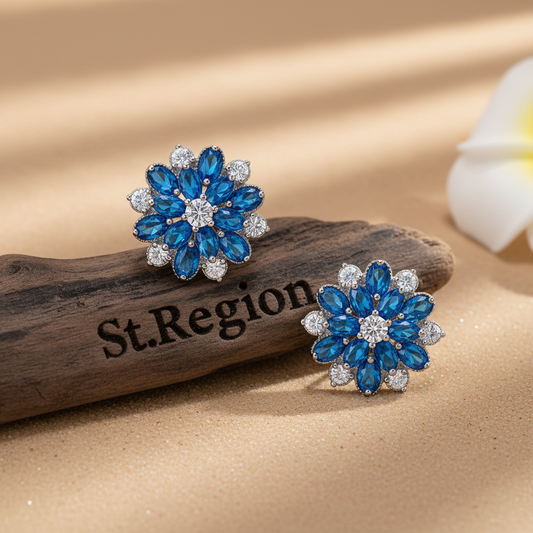 Navy Crystal & Cubic Zirconia Floral Stud Earrings - Street Region