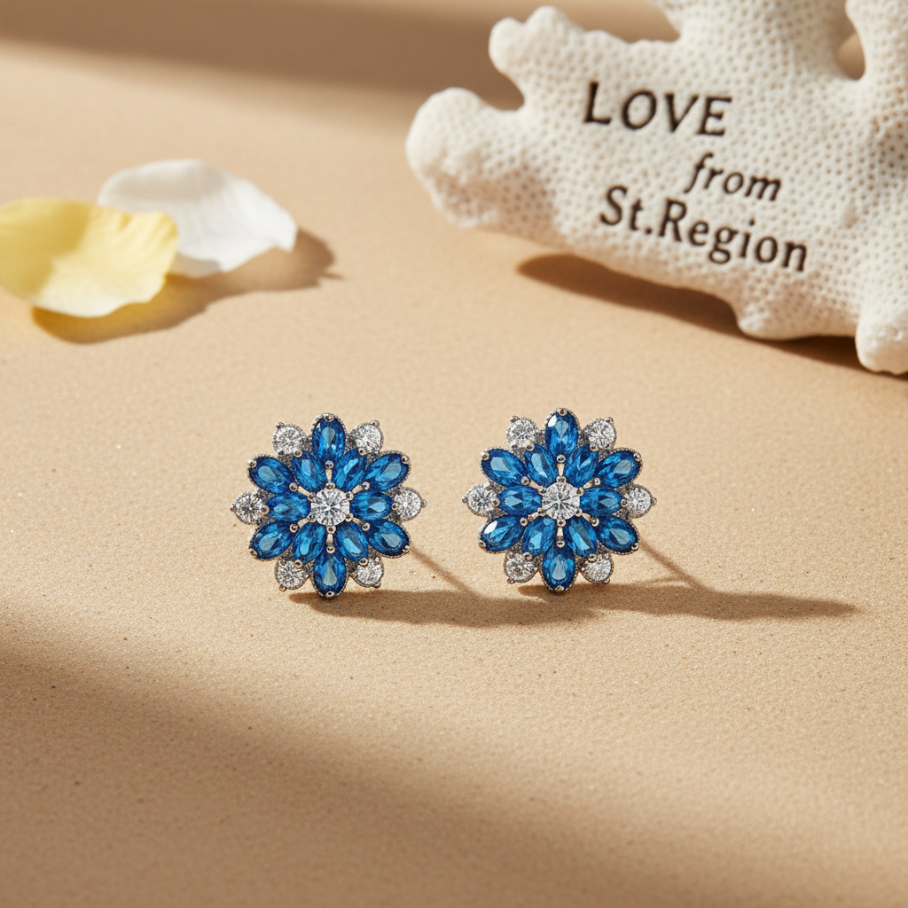 Navy Crystal & Cubic Zirconia Floral Stud Earrings - Street Region