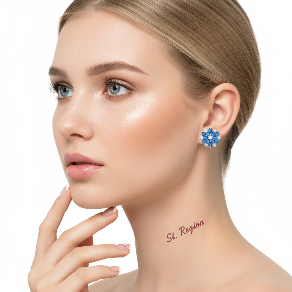 Navy Crystal & Cubic Zirconia Floral Stud Earrings - Street Region