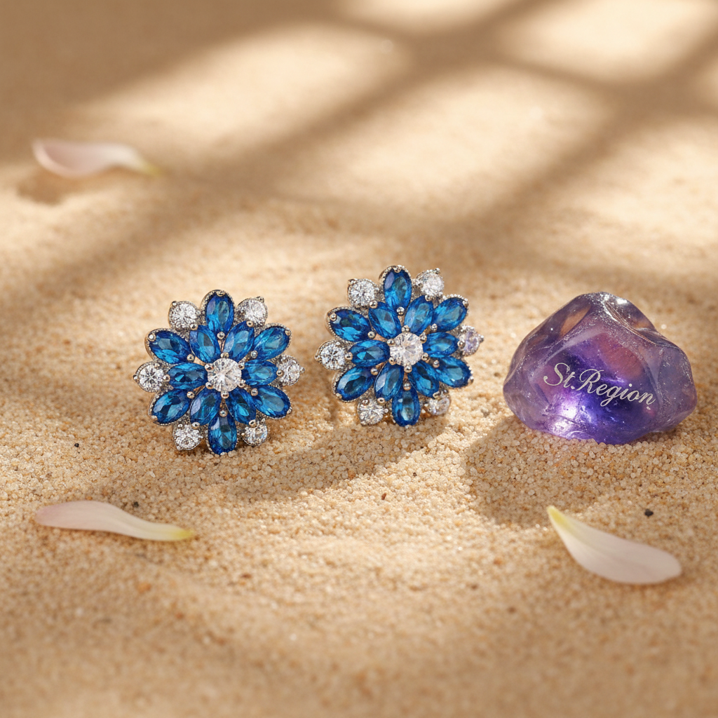 Navy Crystal & Cubic Zirconia Floral Stud Earrings - Street Region