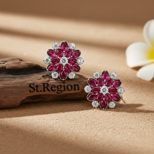 Rose Crystal & Cubic Zirconia Floral Stud Earrings - Street Region