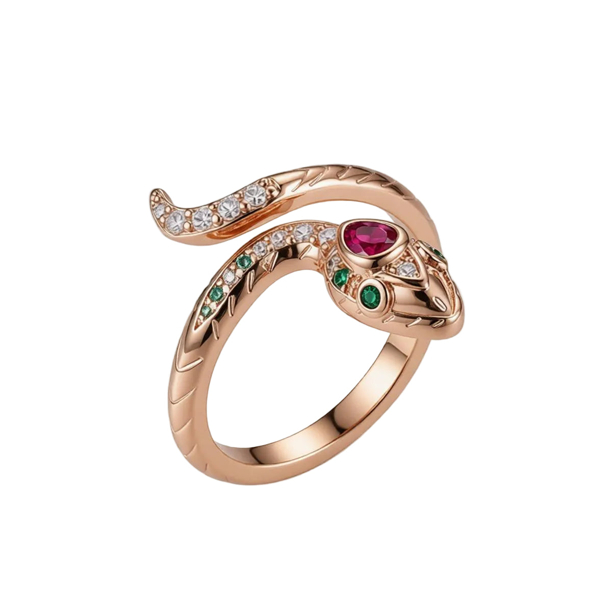 Red Crystal and Cubic Zirconia Snake Adjustable Bypass Ring, statement rings for women, elegant gift for her, side view