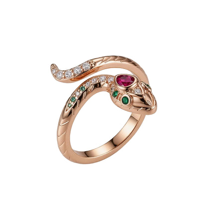 Red Crystal and Cubic Zirconia Snake Adjustable Bypass Ring, statement rings for women, elegant gift for her, side view