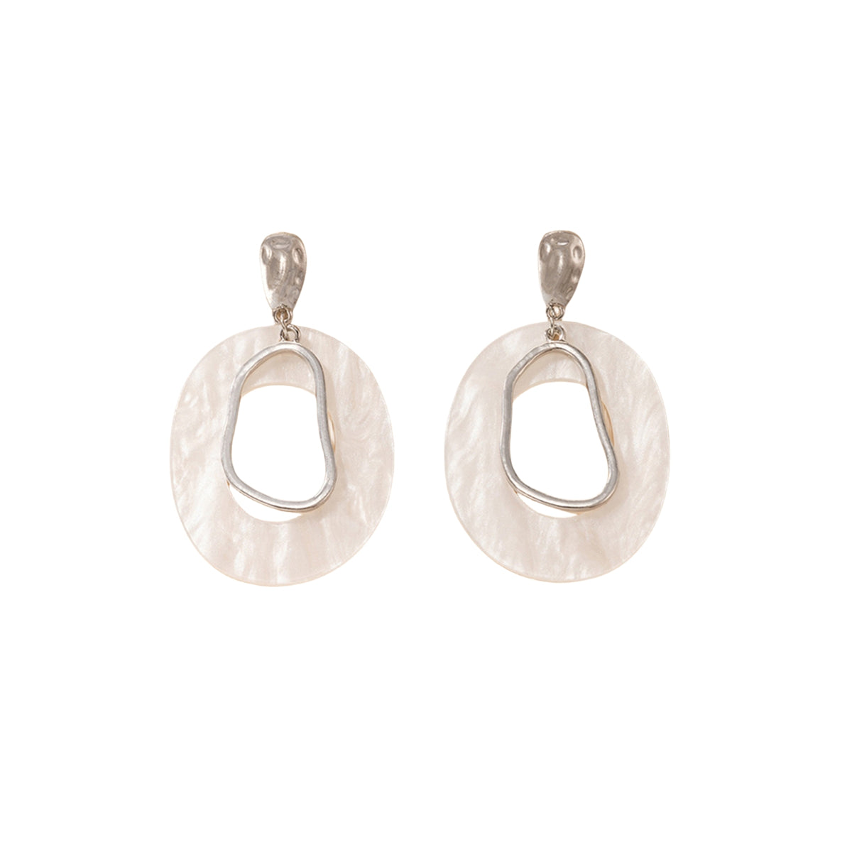 Stylish circular dangle earrings made of white shell with silver-plated hooks, ideal for enhancing any outfit.