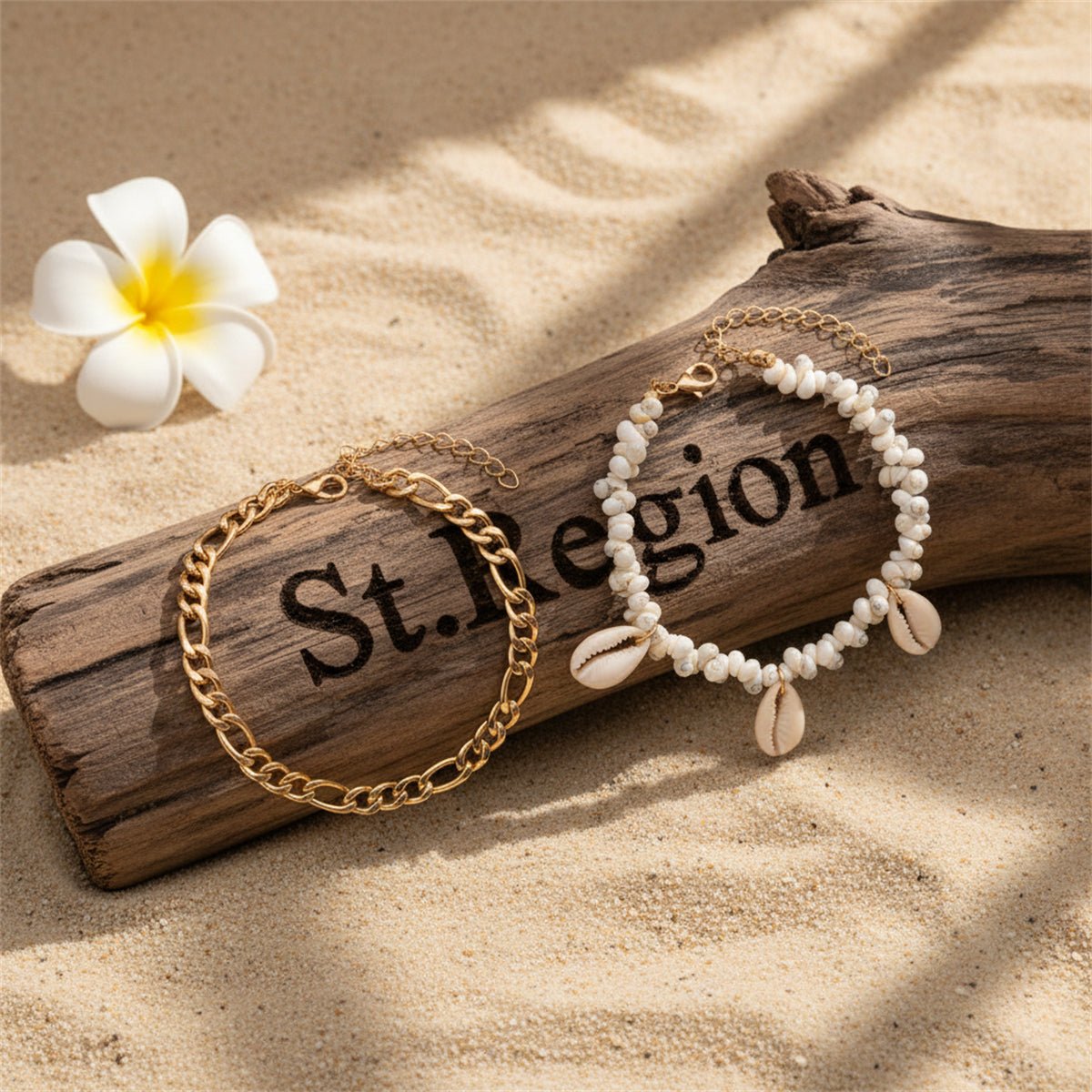 Genuine Shell & Goldtone Irregular Beads Anklet Set - Street Region
