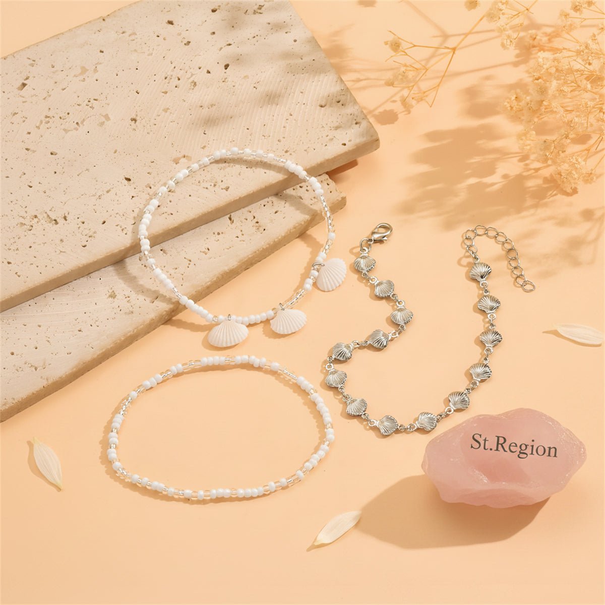 Genuine Shell & Howlite Acrylic Silvertone Shell Station Charm Anklet Set - Street Region
