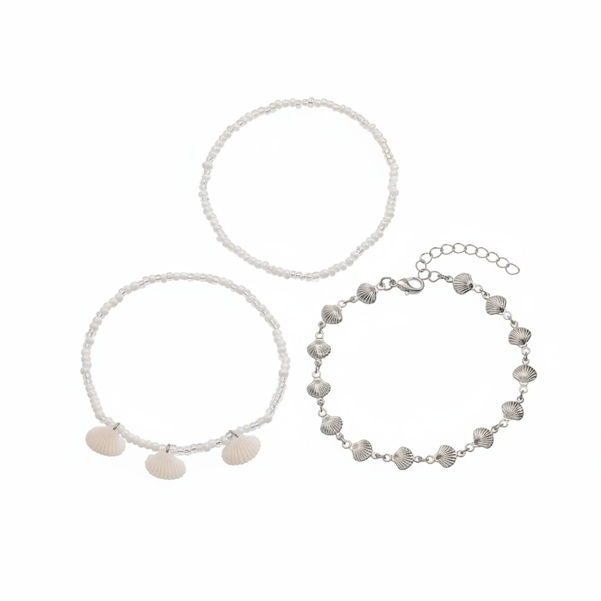 Genuine Shell & Howlite Acrylic Silvertone Shell Station Charm Anklet Set - Street Region