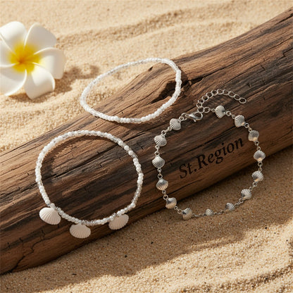Genuine Shell & Howlite Acrylic Silvertone Shell Station Charm Anklet Set - Street Region