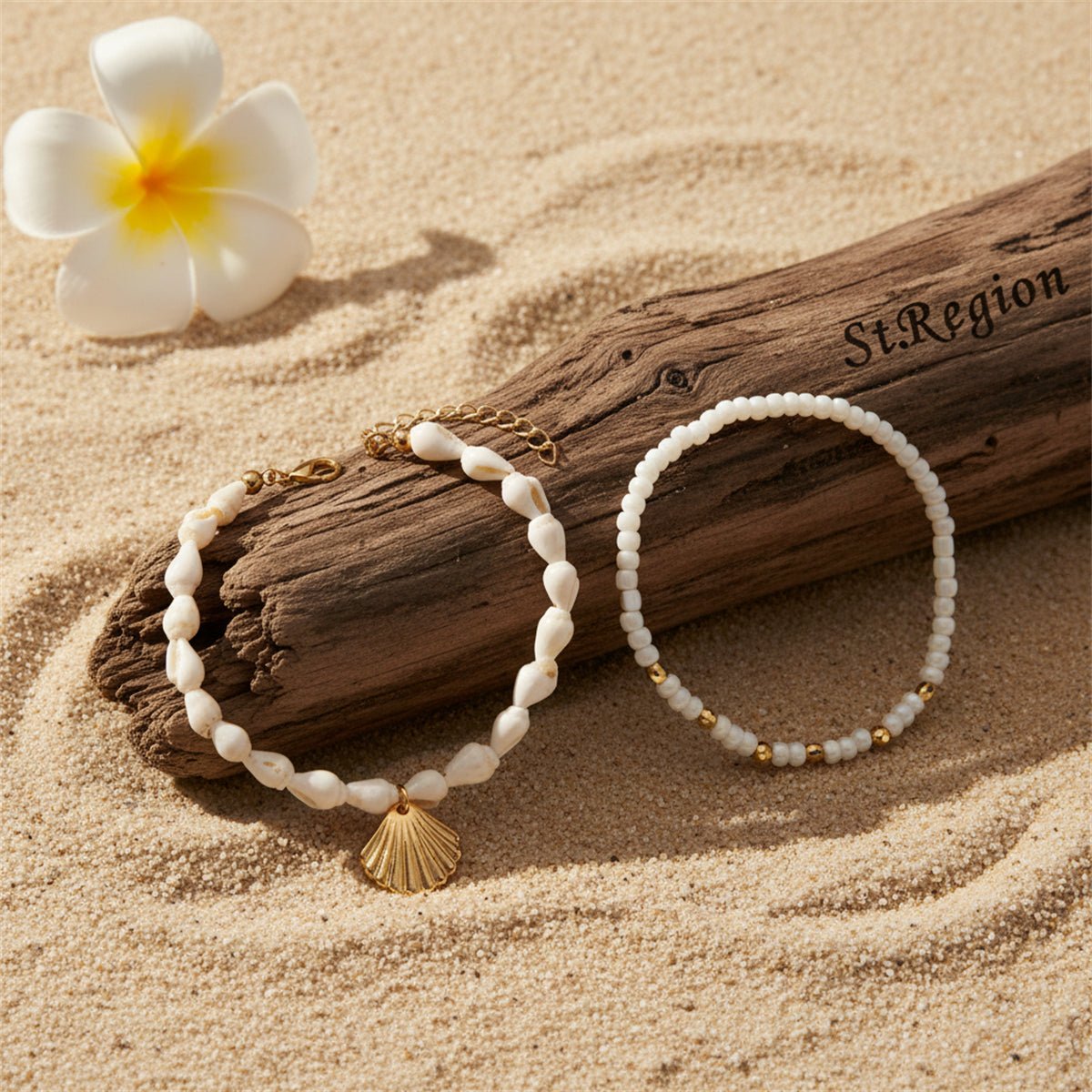 Genuine Shell & Howlite Goldtone Beads Stretch Anklet Set - Street Region