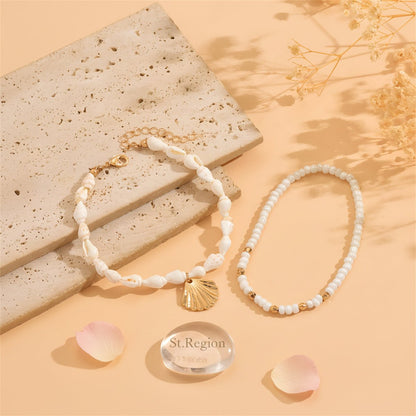 Genuine Shell & Howlite Goldtone Beads Stretch Anklet Set - Street Region