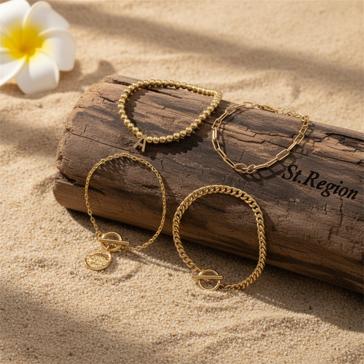 Goldtone Beads Chain 'GOOD LUCK' Charm Toggle Anklet Set - Street Region