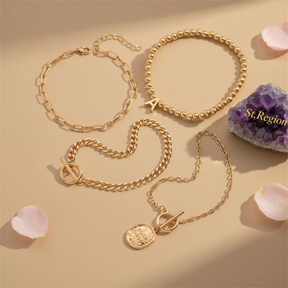 Goldtone Beads Chain 'GOOD LUCK' Charm Toggle Anklet Set - Street Region