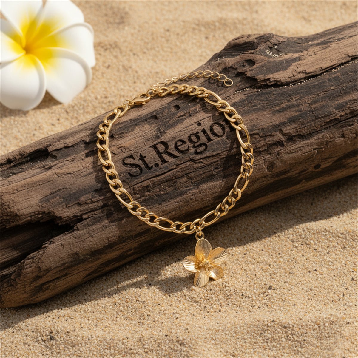 Goldtone Cable Chain Flower Charm Anklet - Street Region
