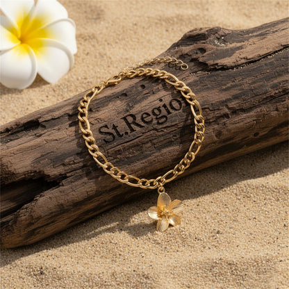 Goldtone Cable Chain Flower Charm Anklet - Street Region