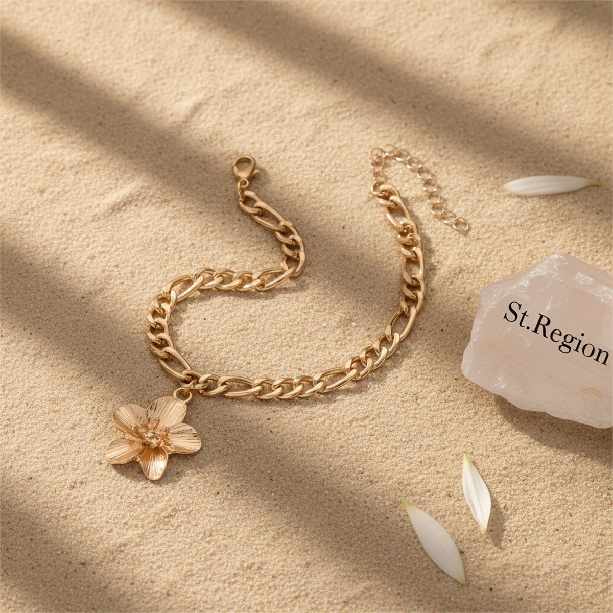Goldtone Cable Chain Flower Charm Anklet - Street Region