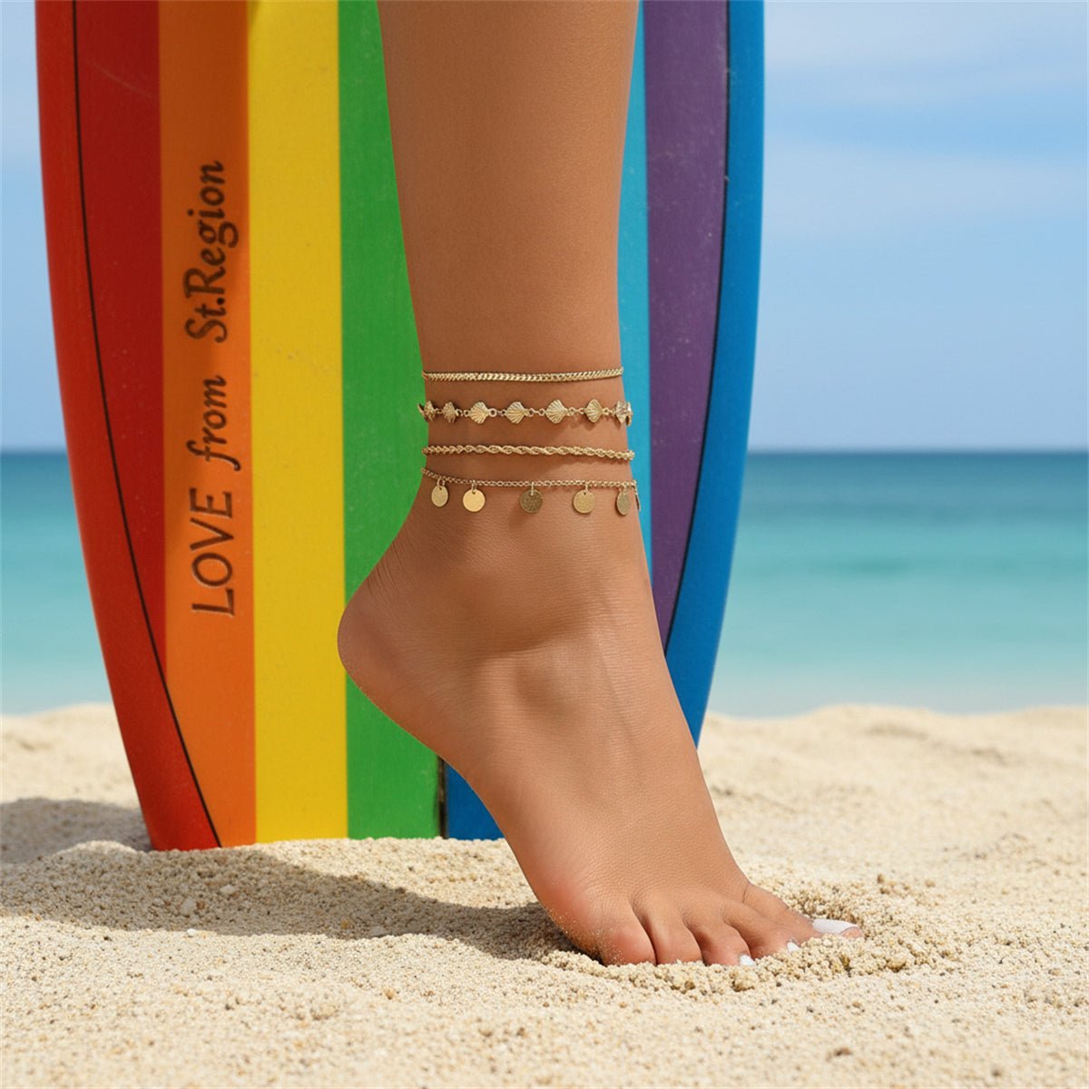 Goldtone Shell Charm Sequin Tassel Anklet Set - Street Region
