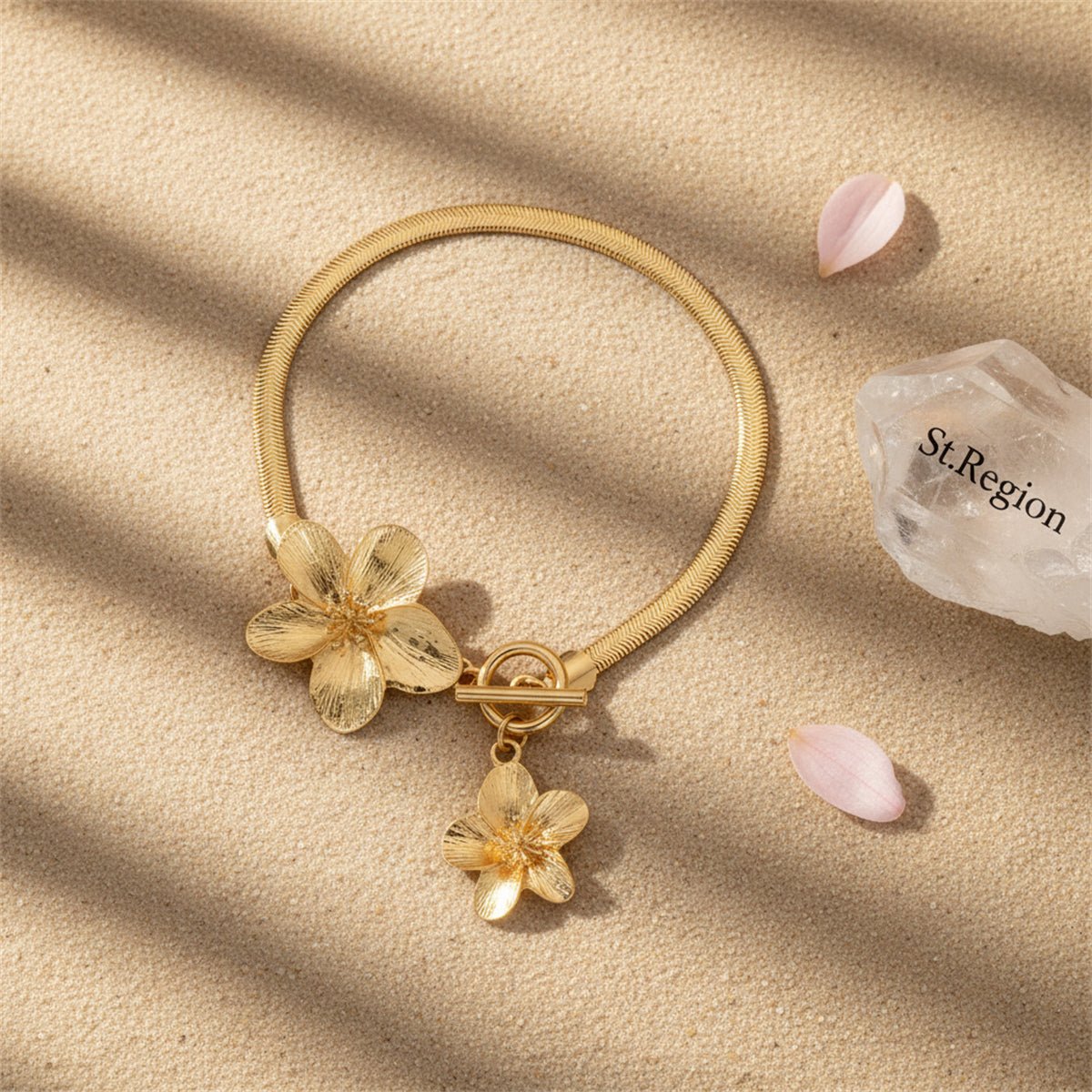 Goldtone Thick Herringbone Chain Dual-Flower Charm Toggle Anklet - Street Region