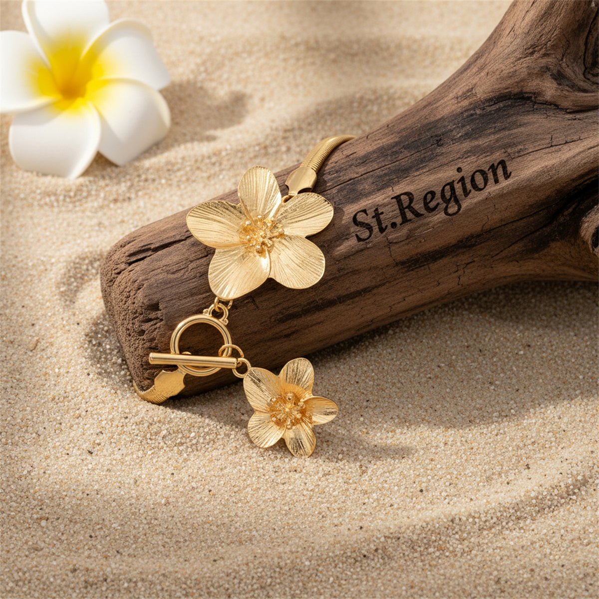 Goldtone Thick Herringbone Chain Dual-Flower Charm Toggle Anklet - Street Region