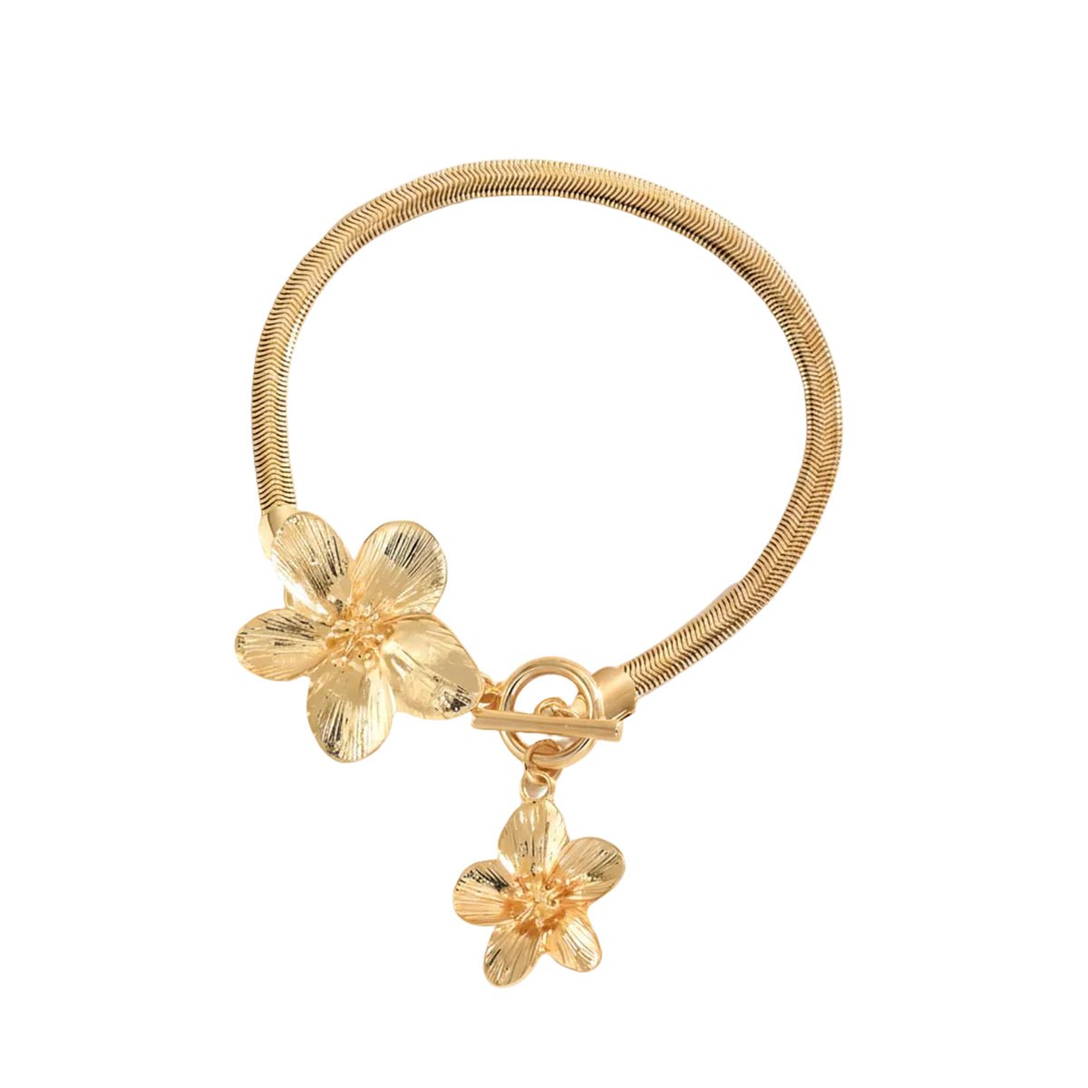 Goldtone Thick Herringbone Chain Dual-Flower Charm Toggle Anklet - Street Region