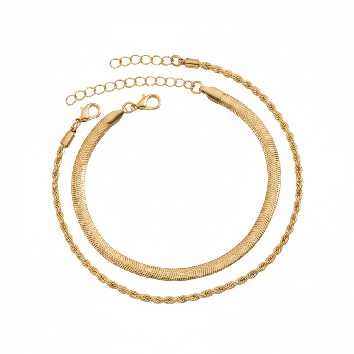 Goldtone Twine & Thick Herringbone Chain Anklet Set - Street Region