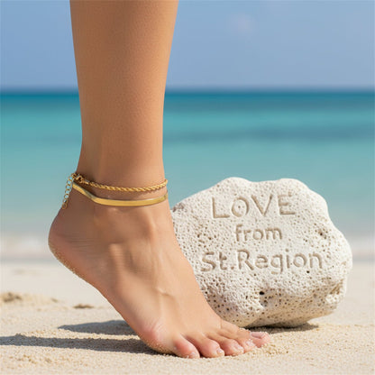 Goldtone Twine & Thick Herringbone Chain Anklet Set - Street Region