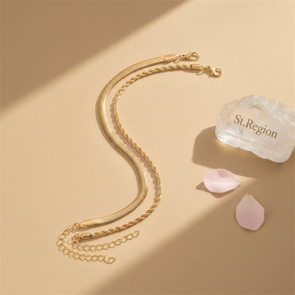 Goldtone Twine & Thick Herringbone Chain Anklet Set - Street Region