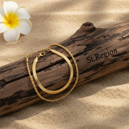 Goldtone Twine & Thick Herringbone Chain Anklet Set - Street Region