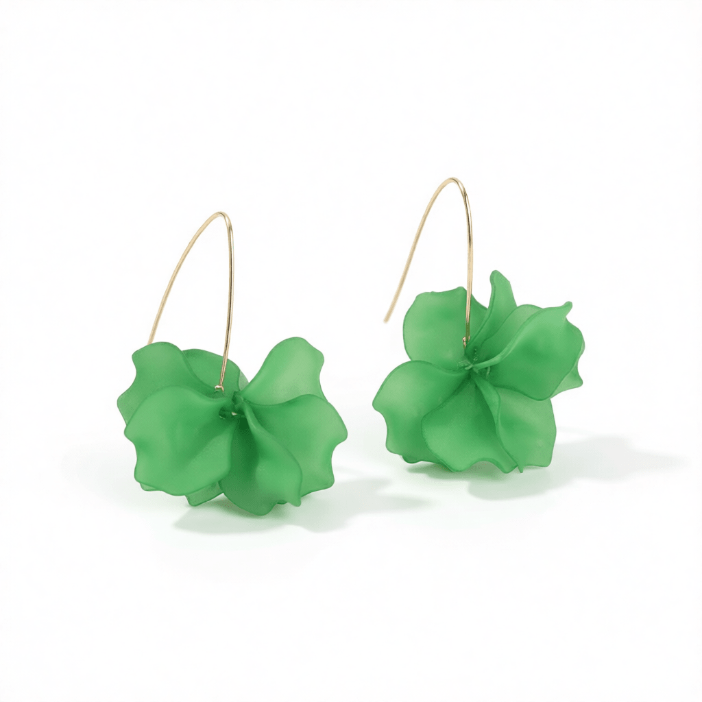 A pair of green flower-shaped dangle earrings with gold-tone ear wires, displayed on a clean white background.
