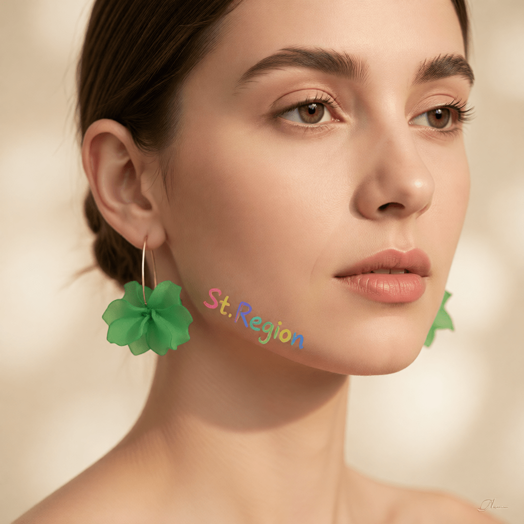 Close-up portrait of a woman wearing dangling flower-shaped earrings. The earrings are bright green with a layered petal design and a thin metallic hook.