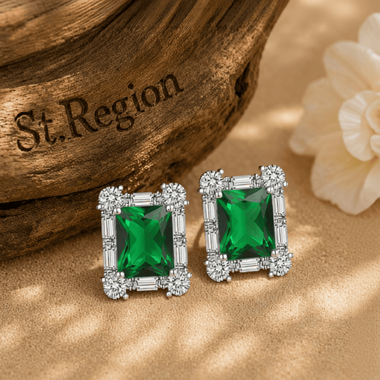 Green Crystal & Cubic Zirconia Silvertone Rectangular Stud Earrings